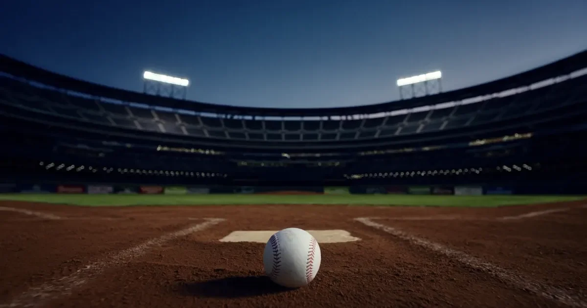 A baseball resting on the infield dirt of an empty ballpark under lights
