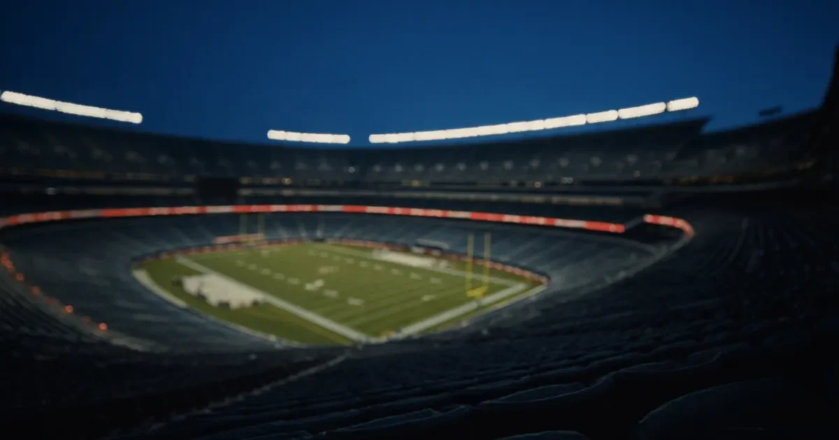 An empty American football stadium seen from the upper deck at dusk