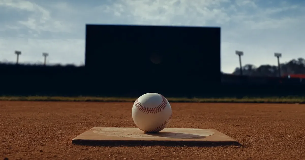 A baseball resting on the pitcher's mound in an empty ballpark