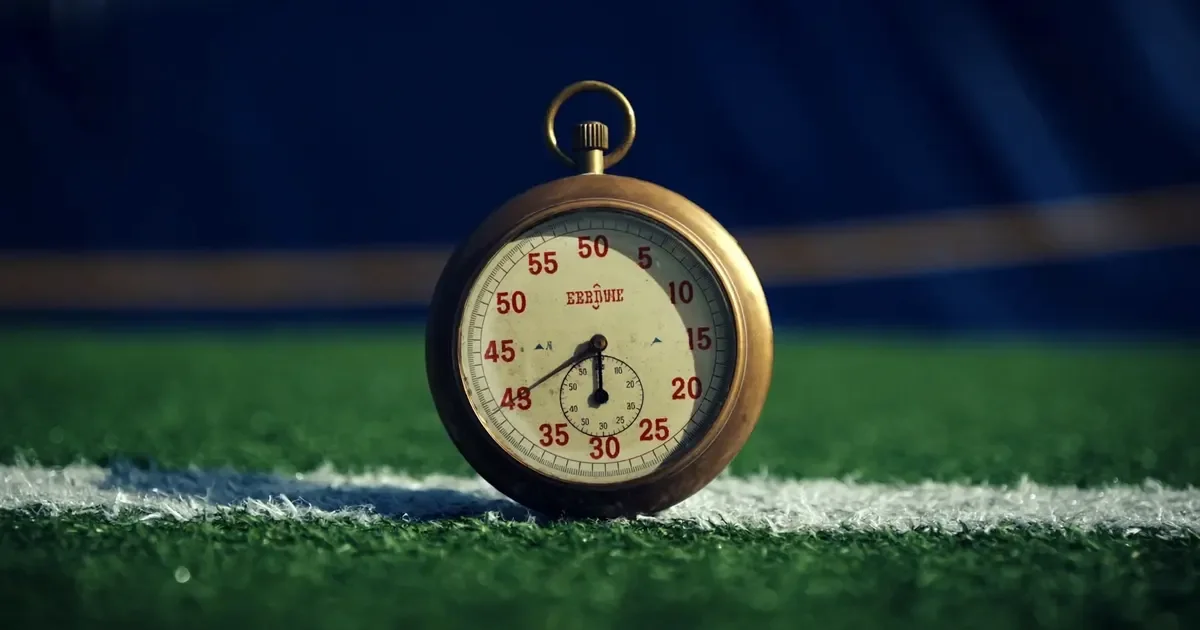 A vintage brass stopwatch on green turf beside a white yard line