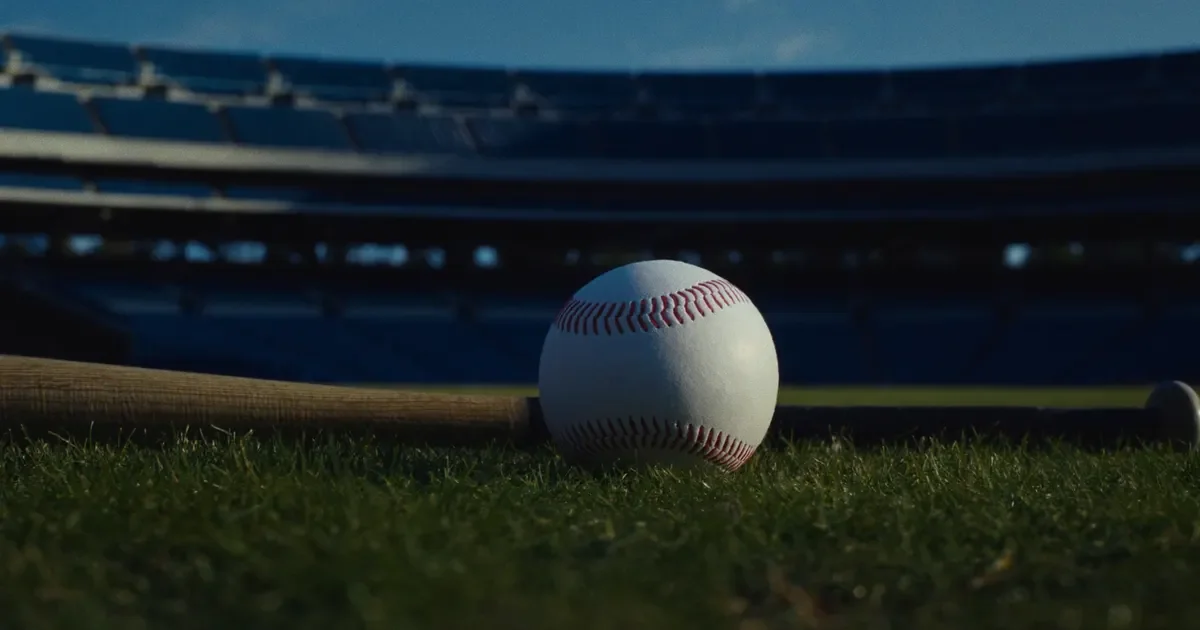 A baseball and a wooden bat on the grass of an empty ballpark
